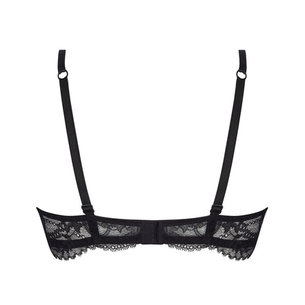 Black lace and mesh underwire bra with adjustable shoulder straps and a sheer lace bottom band, shown flat on a white background.