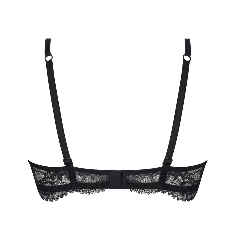 Black lace and mesh underwire bra with adjustable shoulder straps and a sheer lace bottom band, shown flat on a white background.