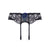Black lace garter belt with a sheer mesh center panel, floral lace trim, and two hanging ribbons, featuring a blue and gold embroidered flower at the center, shown on a plain white background.