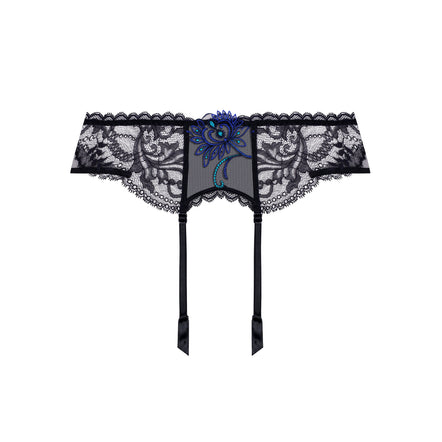 Black lace garter belt with a sheer mesh center panel, floral lace trim, and two hanging ribbons, featuring a blue and gold embroidered flower at the center, shown on a plain white background.