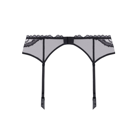 Black and gray sheer mesh garter belt with lace trim and three hanging straps, shown flat against a white background.