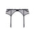 Black and gray sheer mesh garter belt with lace trim and three hanging straps, shown flat against a white background.