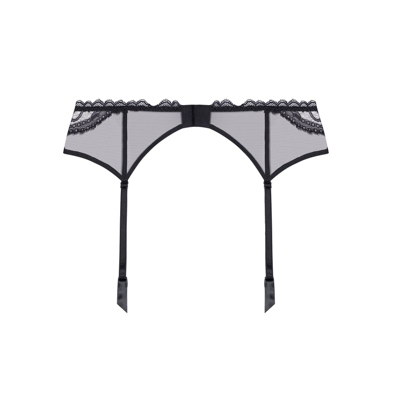 Black and gray sheer mesh garter belt with lace trim and three hanging straps, shown flat against a white background.