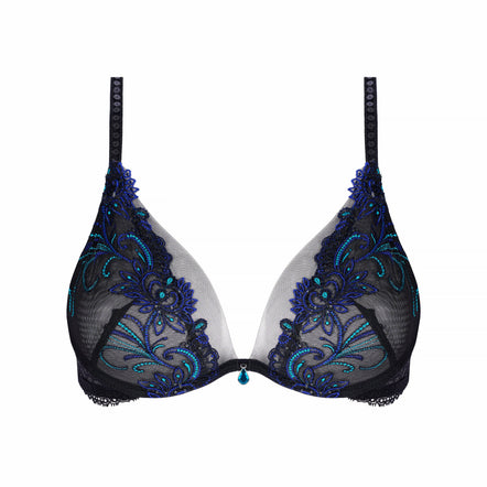 Black lace underwire bra with intricate blue and teal floral embroidery and sheer mesh panels, shown against a plain white background.