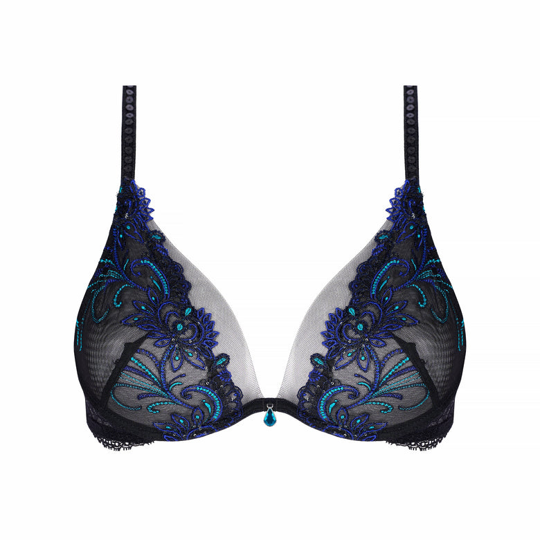 Black lace underwire bra with intricate blue and teal floral embroidery and sheer mesh panels, shown against a plain white background.