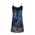 A sheer black lace slip dress featuring a blue and black embroidered pattern on a white background.