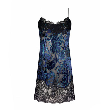 A sheer black lace slip dress featuring a blue and black embroidered pattern on a white background.