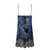 A sheer black mesh slip dress with intricate blue and teal floral embroidery, thin black spaghetti straps, and a black lace hem, shown against a plain white background.