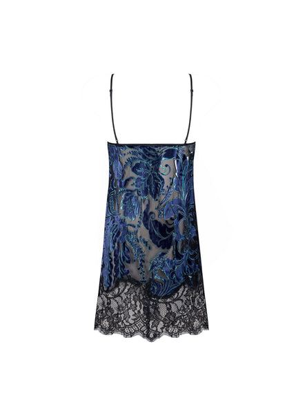 A sheer black mesh slip dress with intricate blue and teal floral embroidery, thin black spaghetti straps, and a black lace hem, shown against a plain white background.