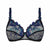 Black lace and mesh underwire bra with intricate blue and teal floral embroidery, shown against a plain white background.