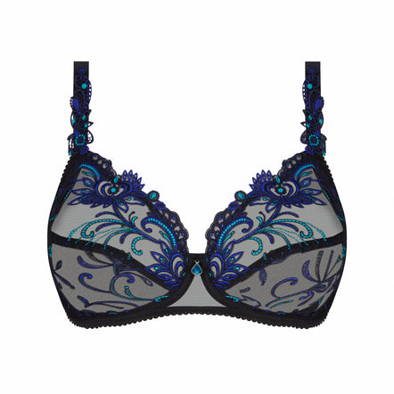 Black lace and mesh underwire bra with intricate blue and teal floral embroidery, shown against a plain white background.