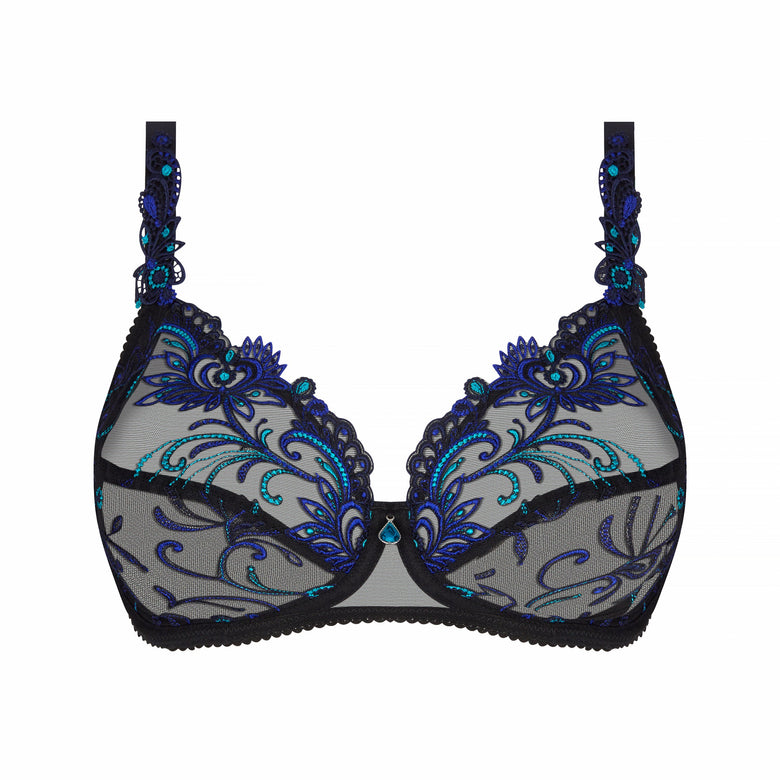 Black lace and mesh underwire bra with intricate blue and teal floral embroidery, shown against a plain white background.