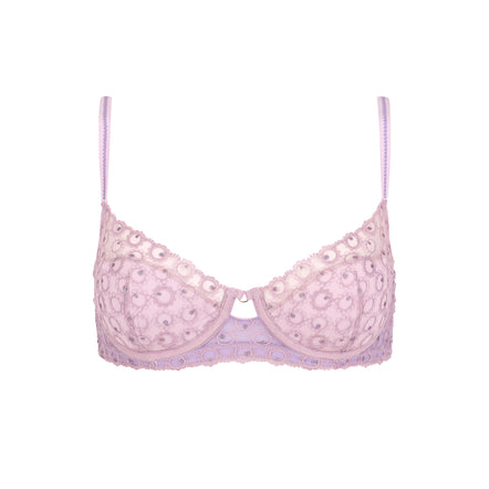 Pink bra with lace details on a white background