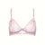 Pink and purple bra with floral lace details on a white background