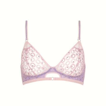 Pink and purple bra with floral lace details on a white background