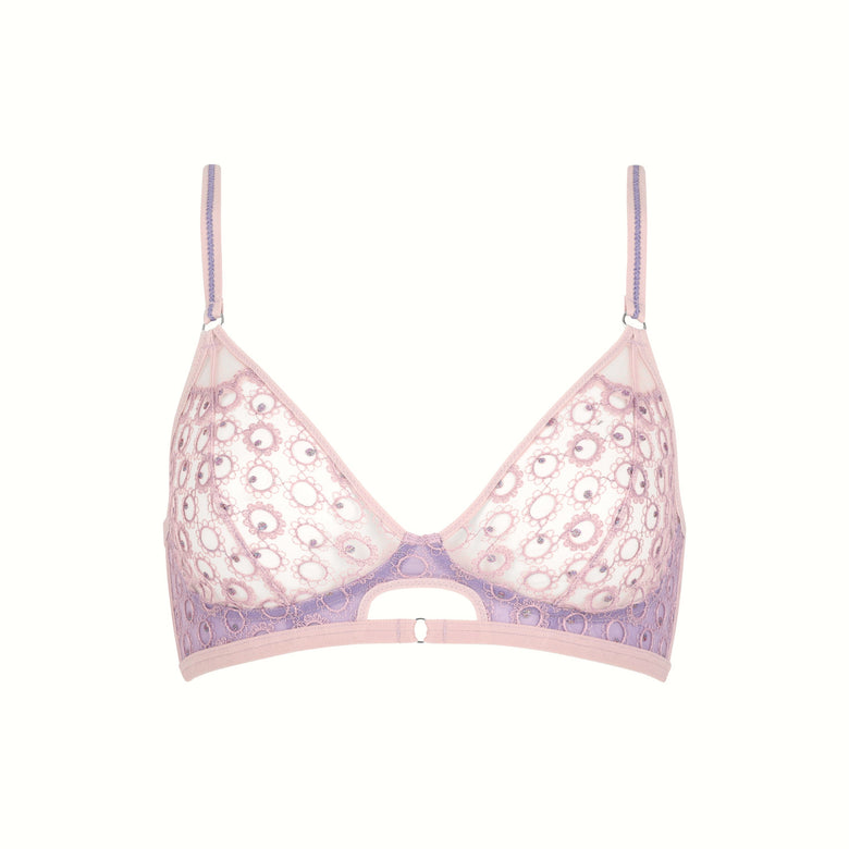 Pink and purple bra with floral lace details on a white background