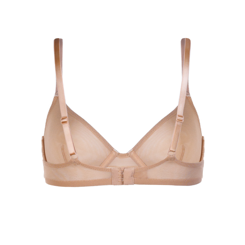 Beige bra and panties set on a white background