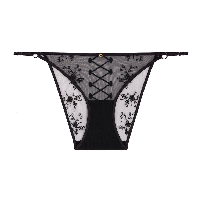 Black lace lingerie set on a white background