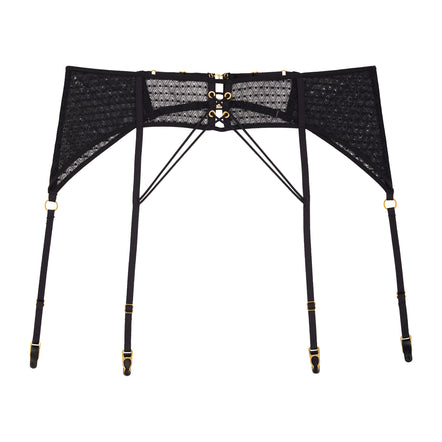 Black mesh garter belt with gold accents on a white background