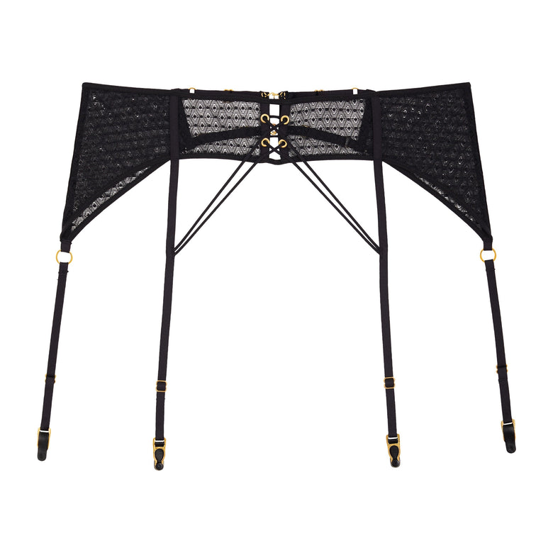 Black mesh garter belt with gold accents on a white background