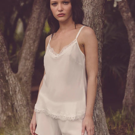 Off-white silk halterneck camisole with Leavers lace trim
