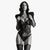 A black and white fashion photograph of a model wearing a sheer black lace lingerie bodysuit with matching garter belt and thigh-high stockings, styled with a dark blazer against a plain white studio background.