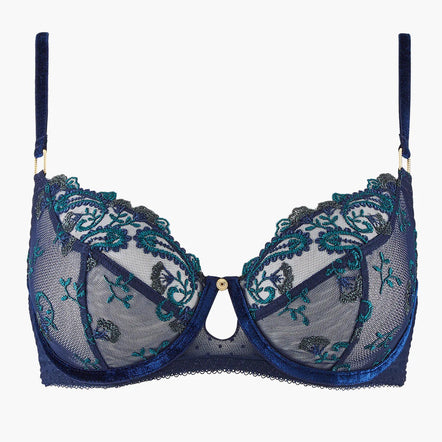 Navy blue bra with floral lace details on a white background