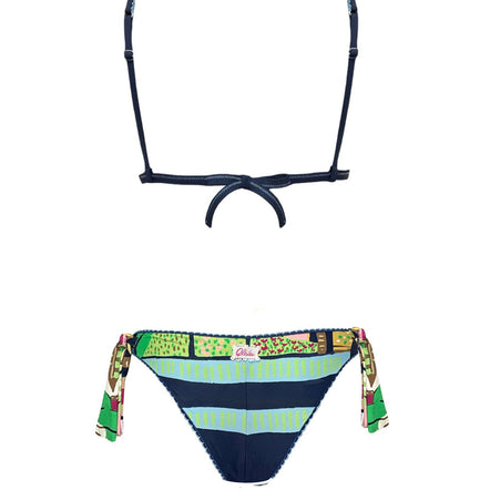 Multicolored bikini set with floral and striped patterns on a white background