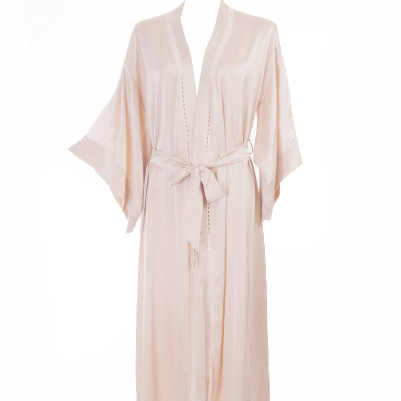 Beige kimono-style robe on a white background