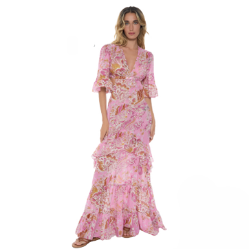 Woman wearing a pink floral dress on a white background