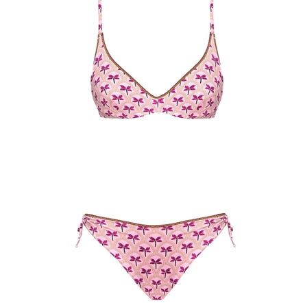 Pink bikini set with butterfly pattern on a white background