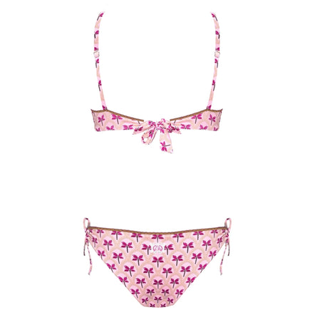 Pink bikini set with butterfly pattern on a white background