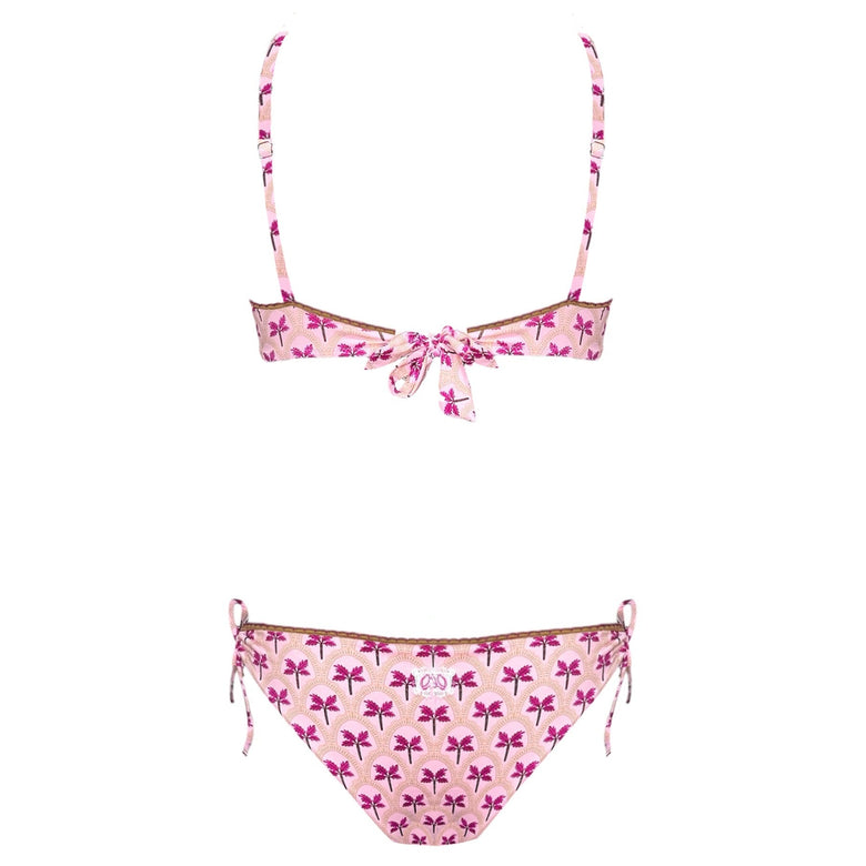 Pink bikini set with butterfly pattern on a white background