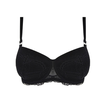 Black bra with lace details on a white background