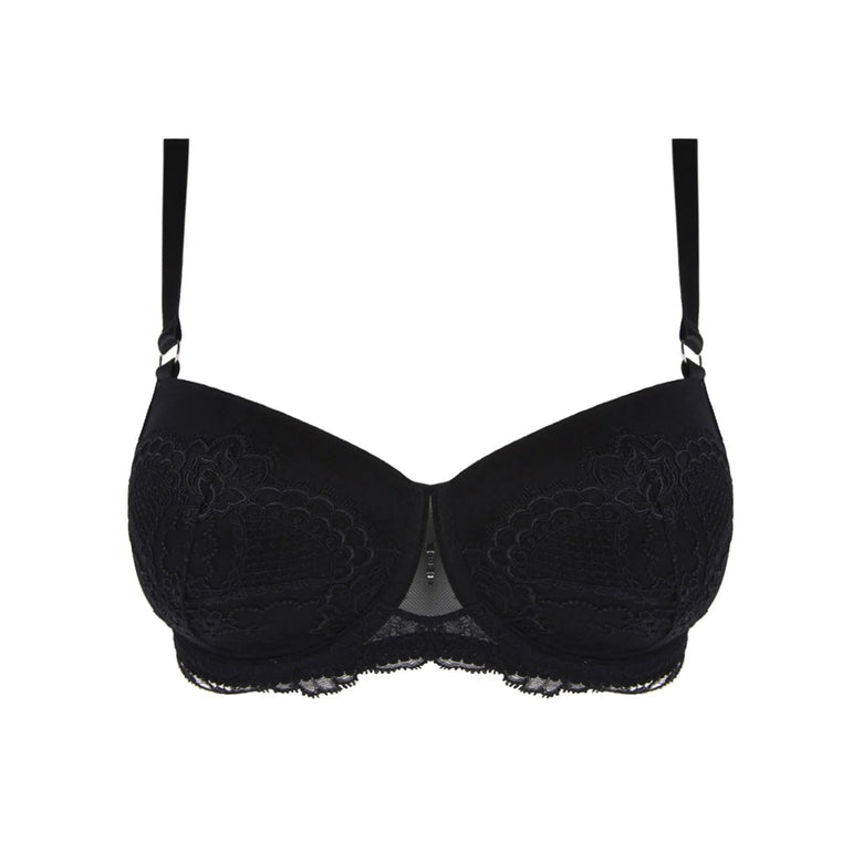 Black bra with lace details on a white background