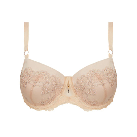 Beige bra with lace details on a white background