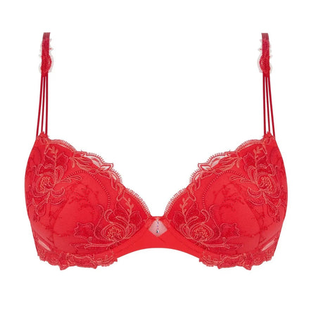 Red lace bra on a white background