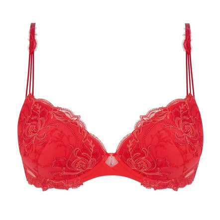 Red lace bra on a white background