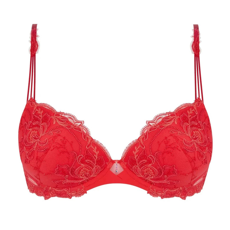 Red lace bra on a white background