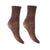 A pair of sheer brown lace socks with a delicate floral pattern, displayed on invisible forms against a plain white background.