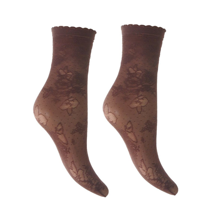 A pair of sheer brown lace socks with a delicate floral pattern, displayed on invisible forms against a plain white background.