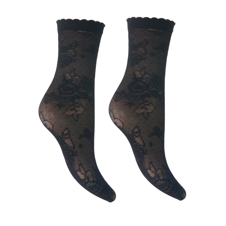 A pair of black sheer lace ankle socks with a floral pattern and scalloped tops, displayed against a plain white background.