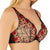 Lace bra with red floral details on a white background