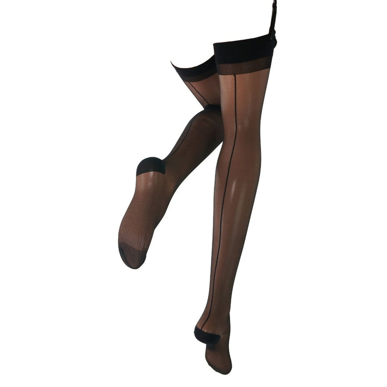 A pair of sheer black thigh-high stockings shown on a cropped lower leg and foot against a plain white background.