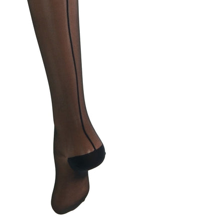 A close-up of a leg wearing sheer black tights with a solid black heel cap, shown against a plain white background.