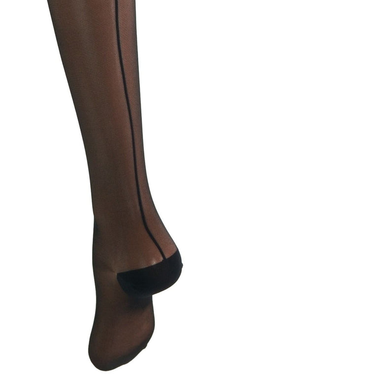 A close-up of a leg wearing sheer black tights with a solid black heel cap, shown against a plain white background.