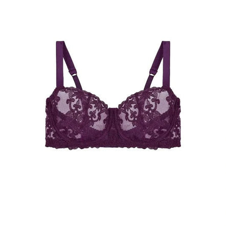 Purple lace bra on a white background