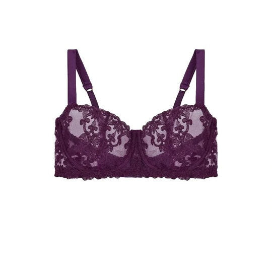 Purple lace bra on a white background