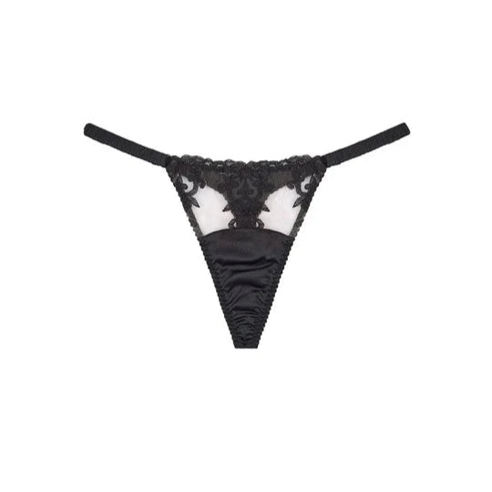 Black lace thong on a white background