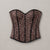 A leopard-print corset with black trim, displayed flat against a neutral light gray background.